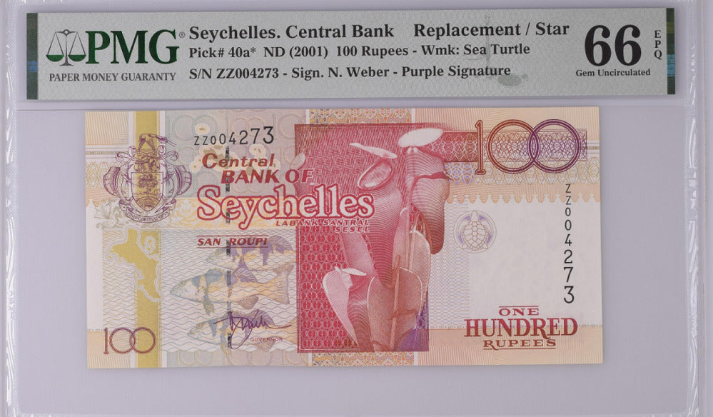 Seychelles 100 Rupees ND 2001 P 40 a* Replacement Gem UNC PMG 66 EPQ Top Pop