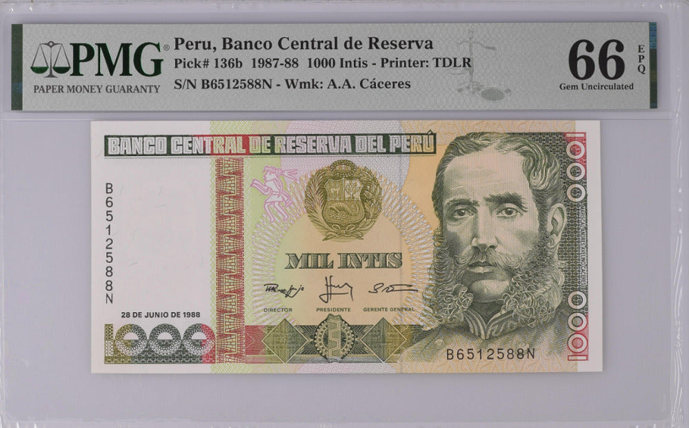Peru 1000 Intis 1987-88 P 136 b Gem UNC PMG 66 EPQ