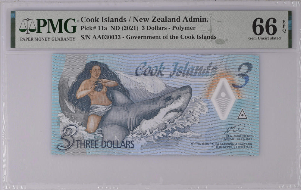 Cook Islands 3 Dollars ND 2021 P 11 a Polymer AA030033 Gem UNC PMG 66 EPQ