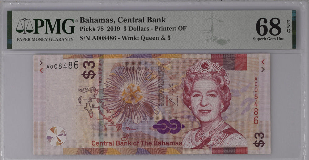Bahamas 3 Dollars 2019 P 78 Superb Gem UNC PMG 68 EPQ