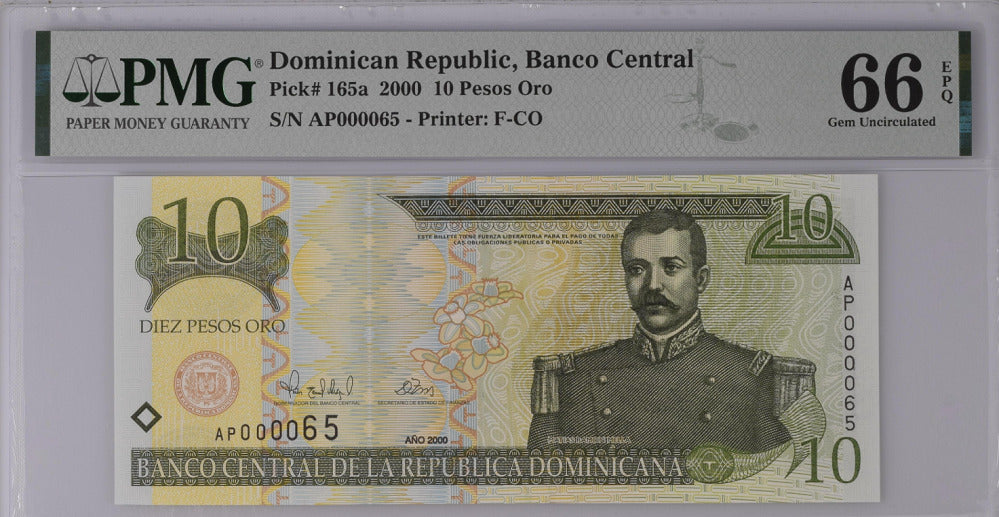 Dominican Republic 10 Pesos Oro 2000 P 165 a Nice #000065 GEM UNC PMG 66 EPQ Top