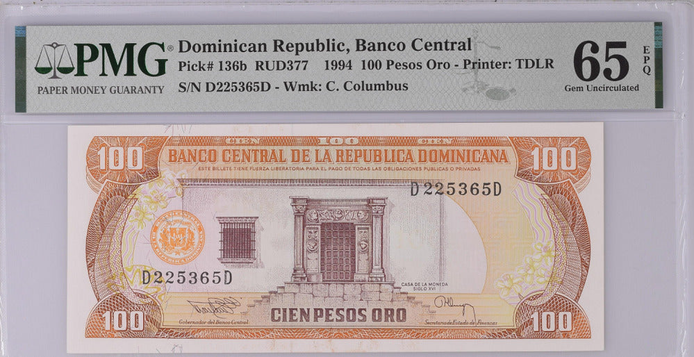 Dominican Republic 100 Pesos 1994 P 136 b Gem UNC PMG 65 EPQ
