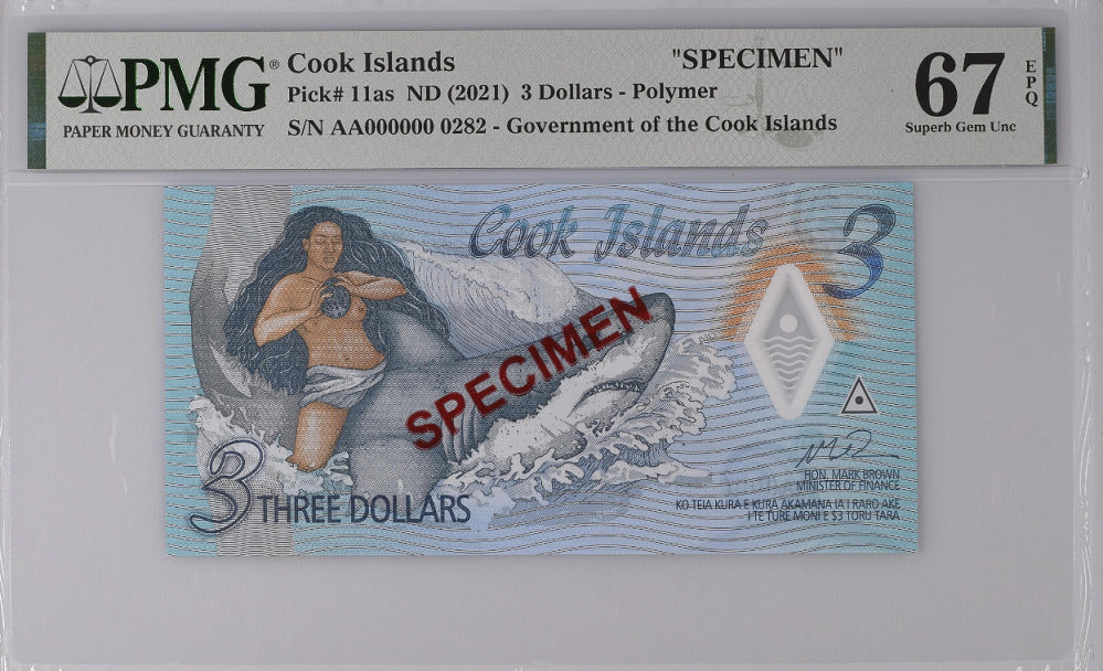 Cook Islands 3 Dollars ND 2021 P 11 as SPECIMEN Superb Gem UNC PMG 67 EPQ High