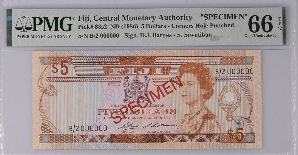 Fiji 5 Dollars ND 1986 P 83s2 B/2 SPECIMEN Gem UNC PMG 66 EPQ