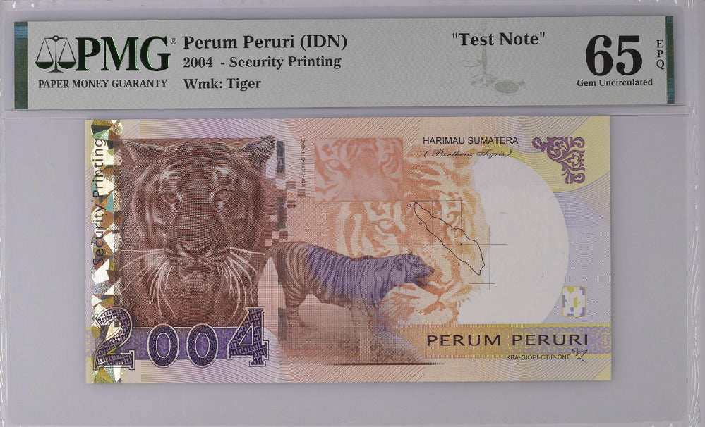 Indonesia Test Note Perum Peruri Tiger KBA-Giori 1971-2004 Gem UNC PMG 65 EPQ