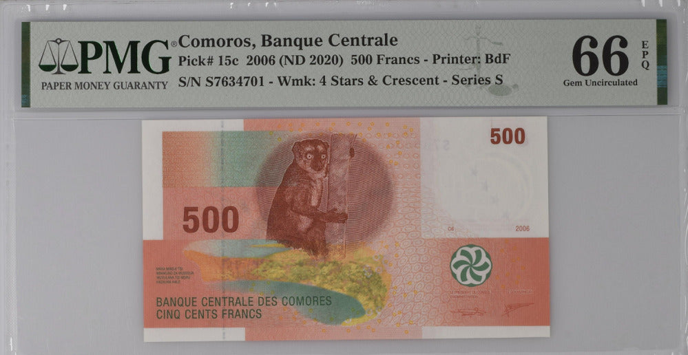 Comoros 500 Francs 2006 ND 2020 P 15 c Gem UNC PMG 66 EPQ