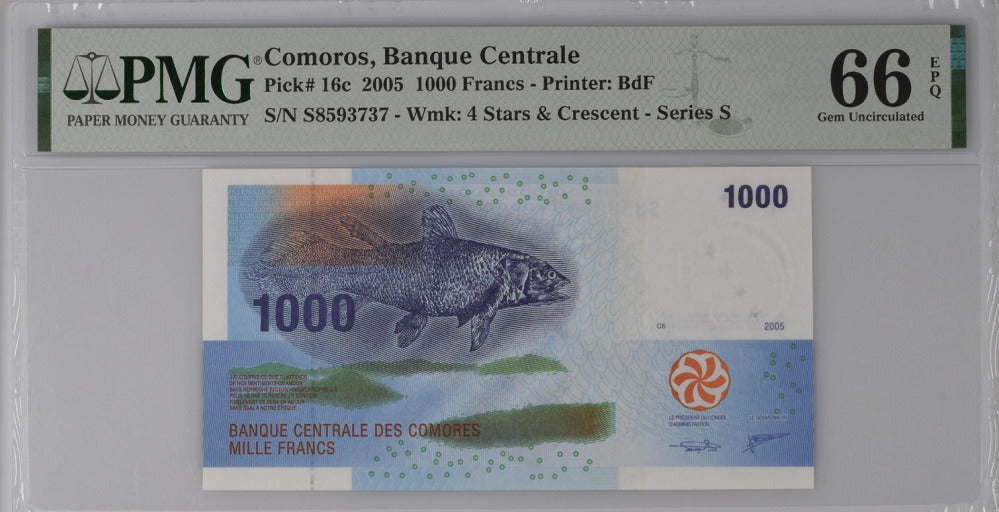 Comoros 1000 Francs 2005 P 16 c Series S GEM UNC PMG 66 EPQ NR
