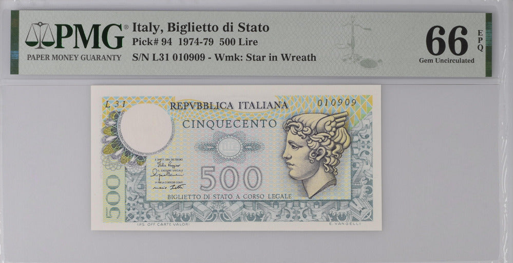 Italy 500 Lire 1974-79 P 94 GEM UNC PMG 66 EPQ