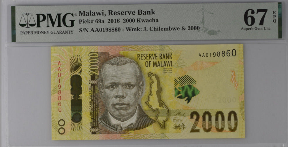 Malawi 2000 Kwacha 2016 P 69 a Prefix AA Superb Gem UNC PMG 67 EPQ