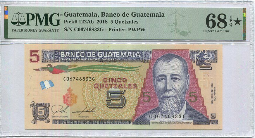 Guatemala 5 Quetzal 2018 P 122Ab Superb Gem UNC PMG 68 EPQ Extra Star