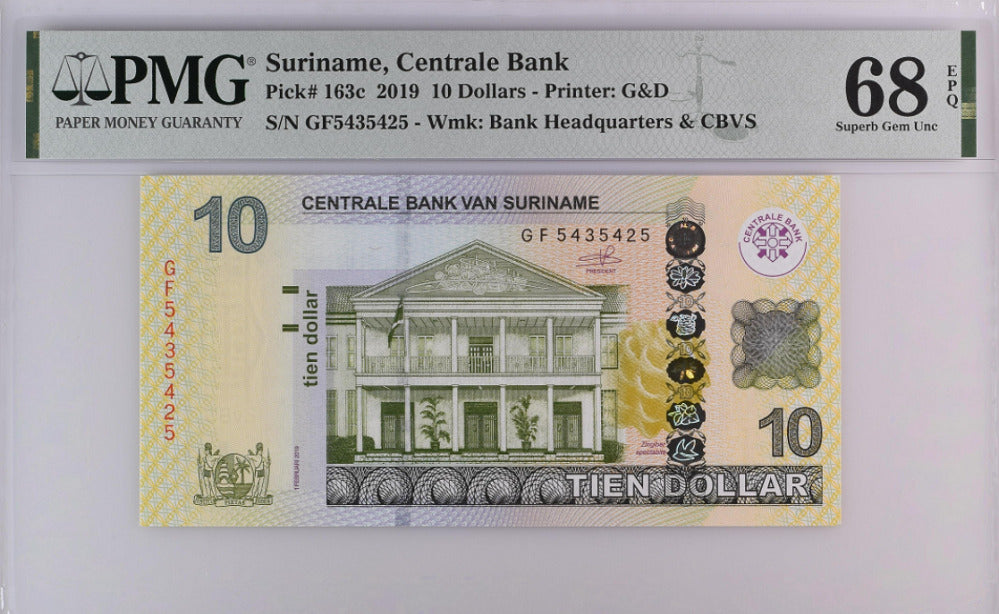 Suriname 10 Dollars 2019 P 163 c Superb Gem UNC PMG 68 EPQ