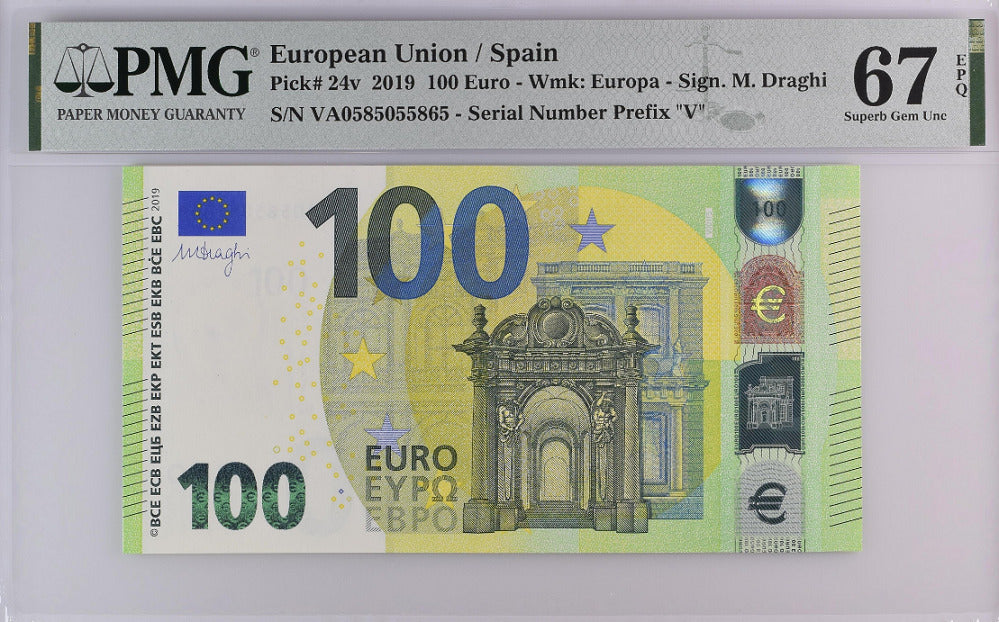 Euro 100 Euro Spain 2019 V Prefix P 24 v Superb Gem UNC PMG 67 EPQ