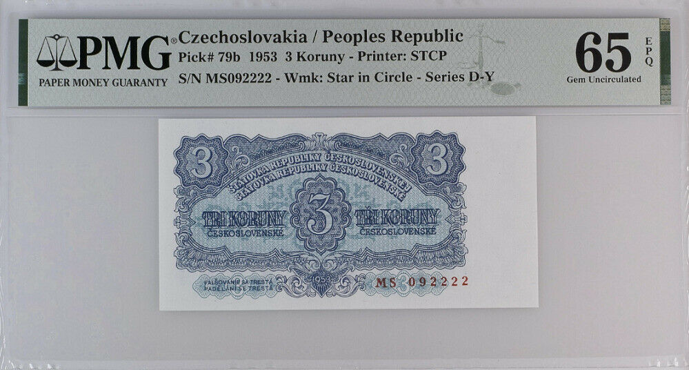 Czechoslovakia 3 Korun 1953 P 79 b #092222 Gem UNC PMG 65 EPQ