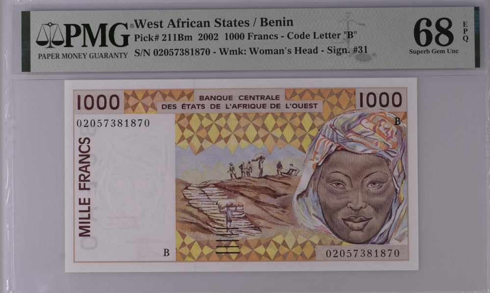 West African States Benin 1000 Francs 2002 P 211Bm Superb Gem UNC PMG 68 EPQ