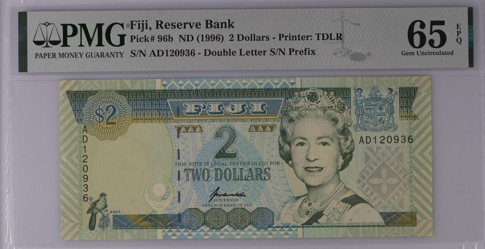 Fiji 2 Dollars ND 1996 P 96 b GEM UNC PMG 65 EPQ