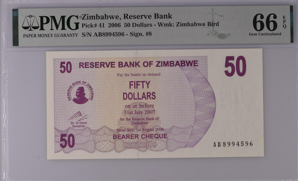 Zimbabwe 50 Dollars 2006 P 41 GEM UNC PMG 66 EPQ
