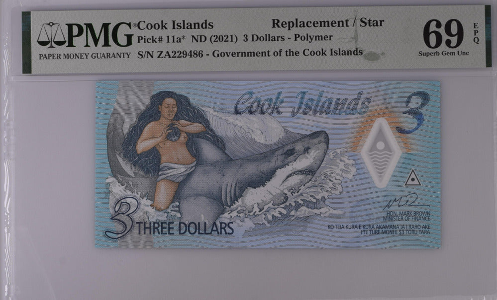 Cook Islands 3 Dollars ND 2021 P 11 a* Replacement Superb Gem UNC PMG 69 EPQ TOP