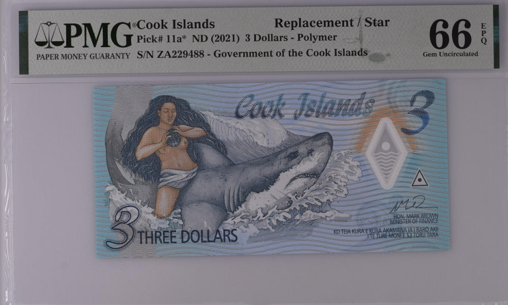Cook Islands 3 Dollars ND 2021 P 11 a* Replacement Gem UNC PMG 66 EPQ