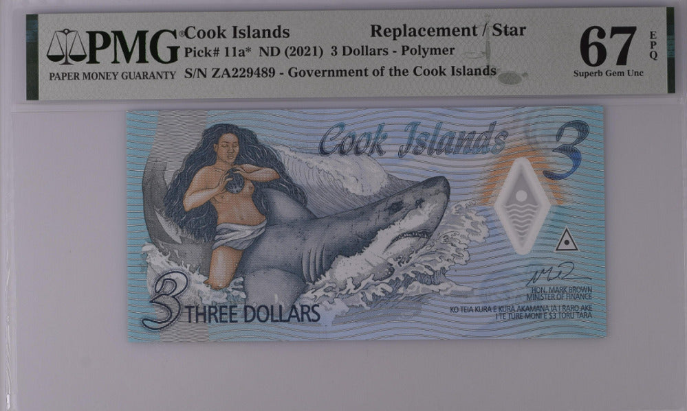 Cook Islands 3 Dollars ND 2021 P 11 a* ZA Replacement Superb Gem UNC PMG 67 EPQ
