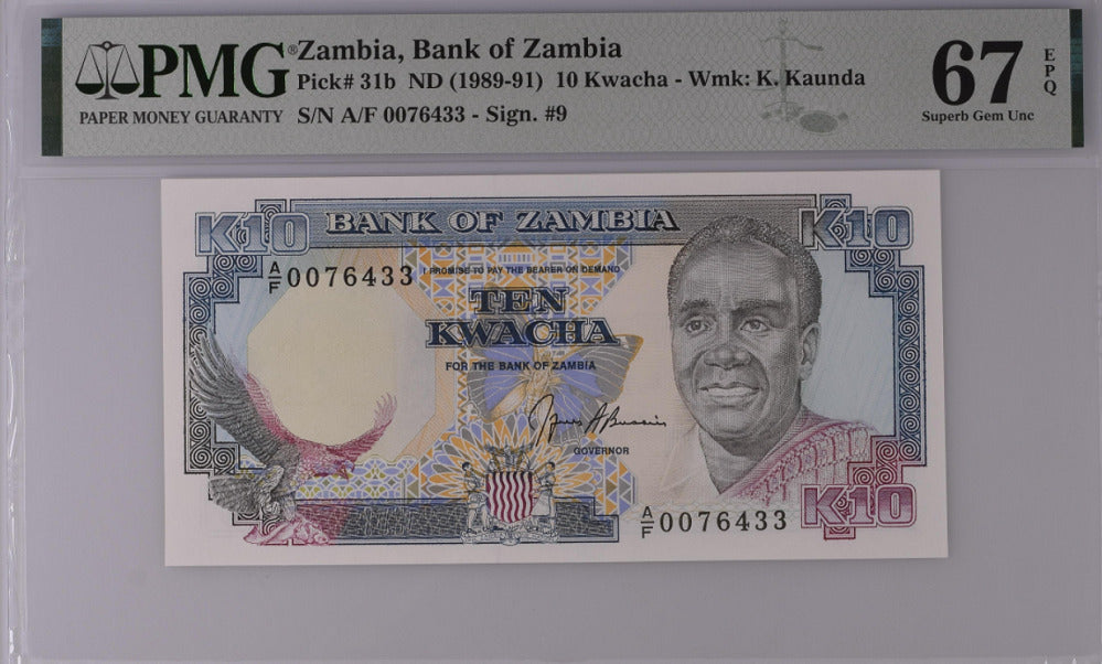Zambia 10 Kwacha 1989-1991 P 31 b Superb Gem PMG 67 EPQ
