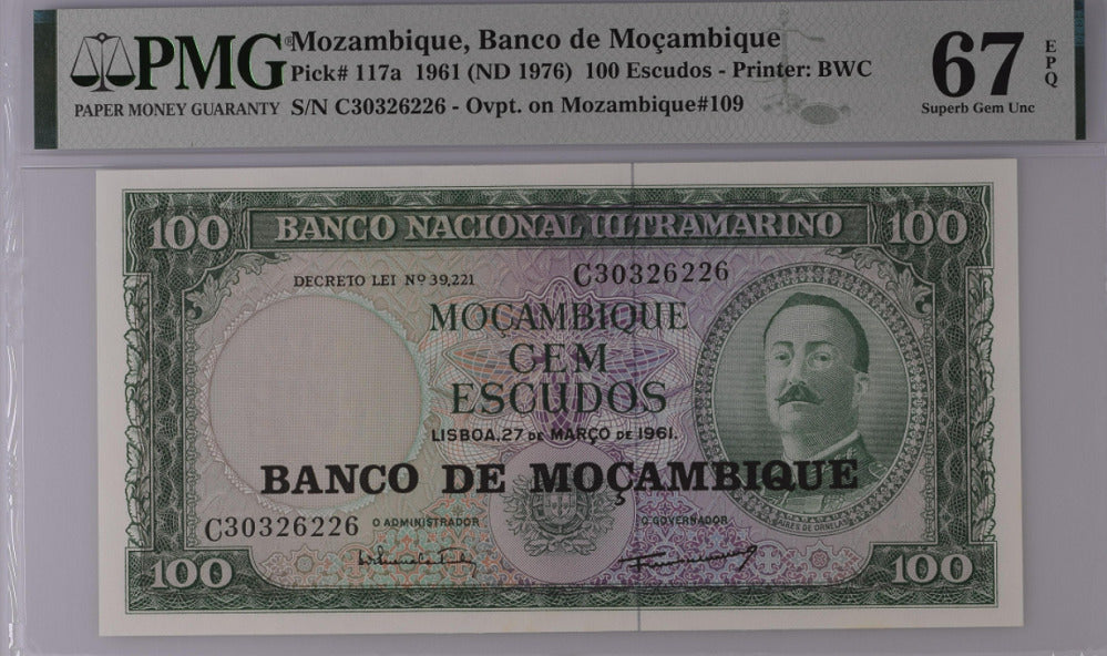 Mozambique 100 Escudos 1961/1976 P 117 a Superb Gem UNC PMG 67 EPQ