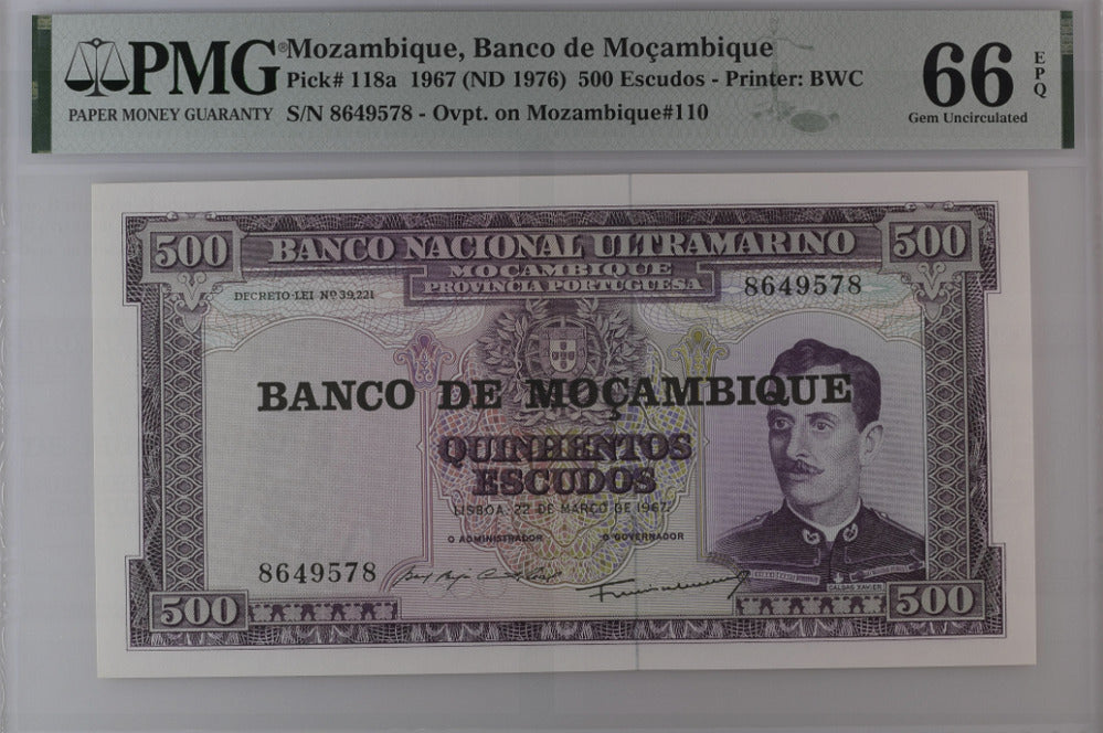 Mozambique 500 Escudos 1967/1976 P 118 a GEM UNC PMG 66 EPQ
