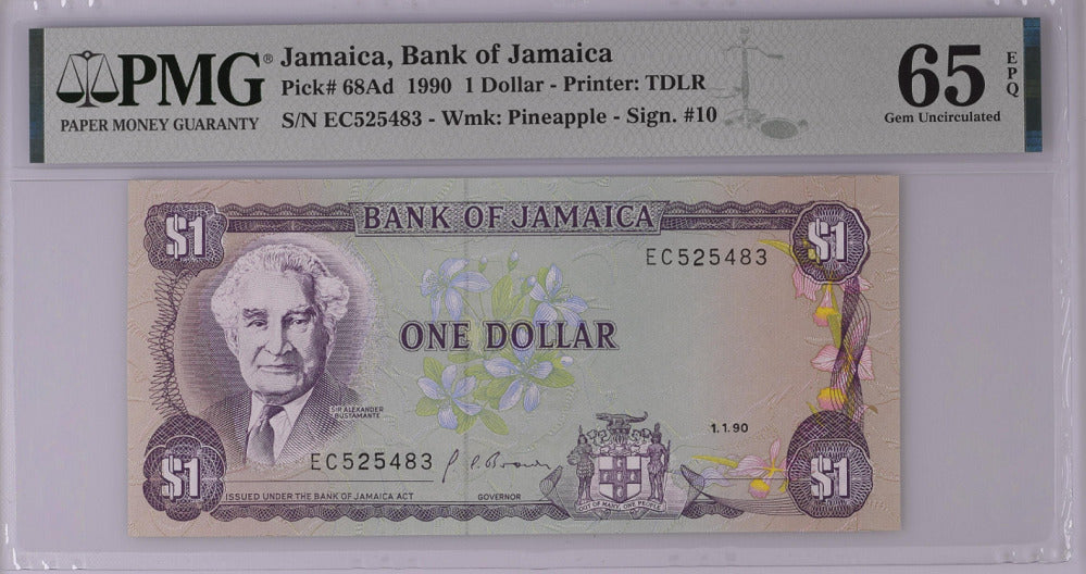 Jamaica 1 Dollar 1990 P 68Ad Gem UNC PMG 65 EPQ