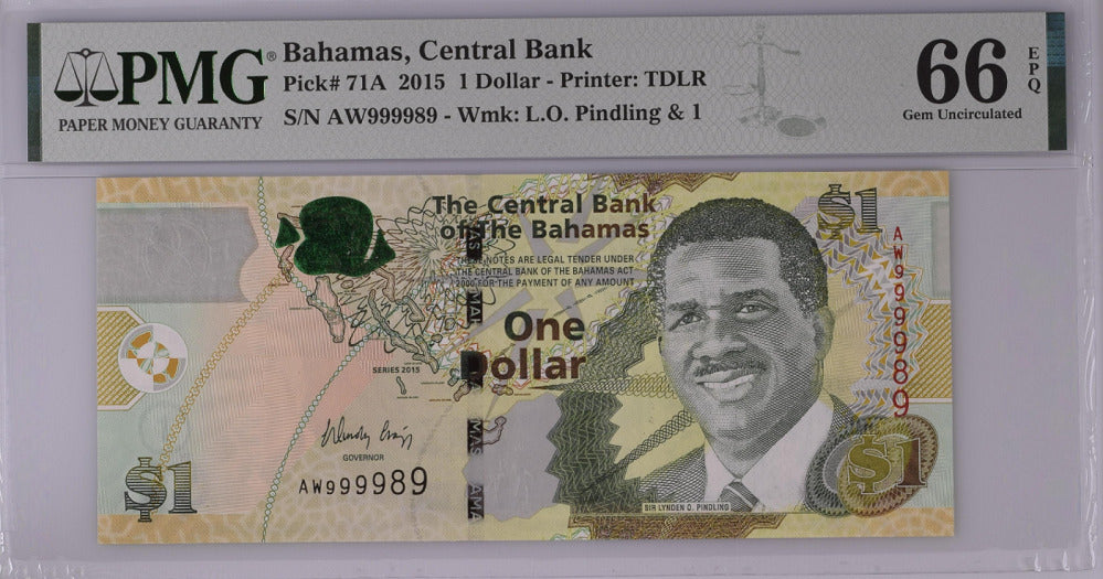 Bahamas 1 Dollar 2015 P 71A NICE NEAR SOLID 999989 GEM UNC PMG 66 EPQ