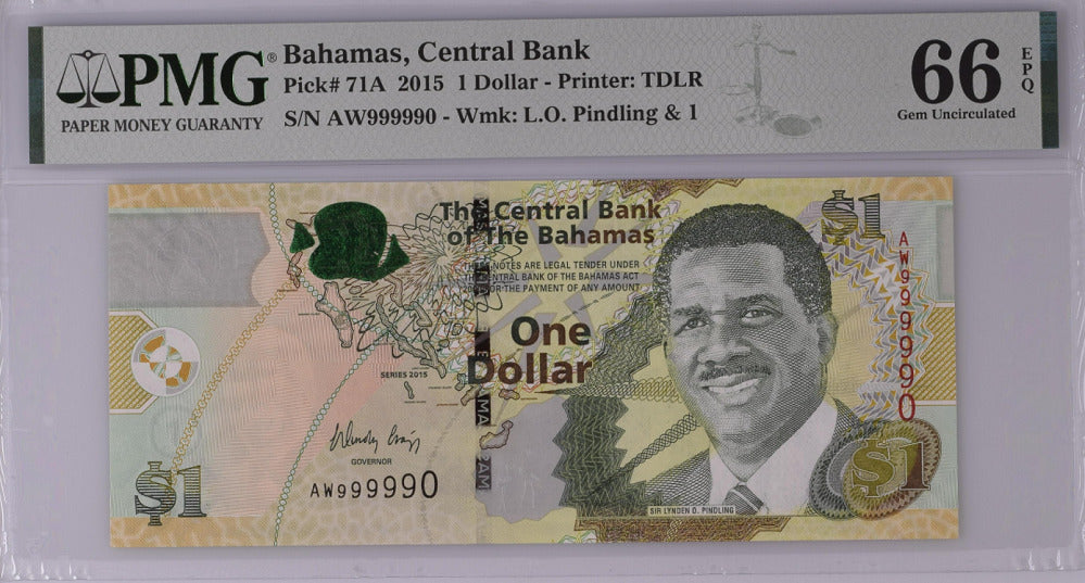 Bahamas 1 Dollar 2015 P 71A NICE NEAR SOLID 999990 GEM UNC PMG 66 EPQ