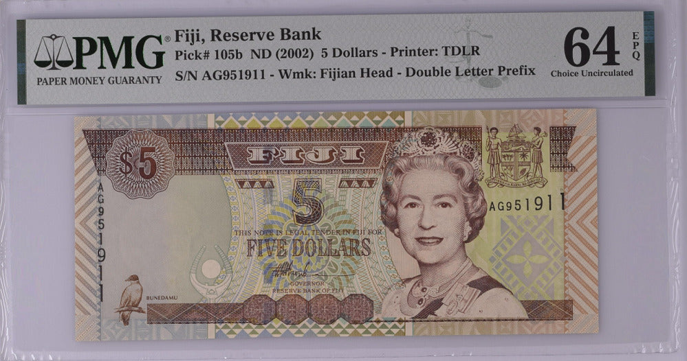 Fiji 5 Dollars ND 2002 P 105 b Choice UNC PMG 64 EPQ