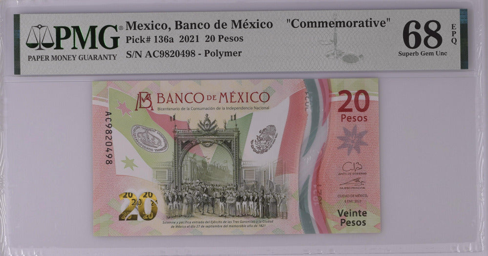 Mexico 20 Pesos 2021 P 136 a Comm. AC Prefix Superb Gem UNC PMG 68 EPQ