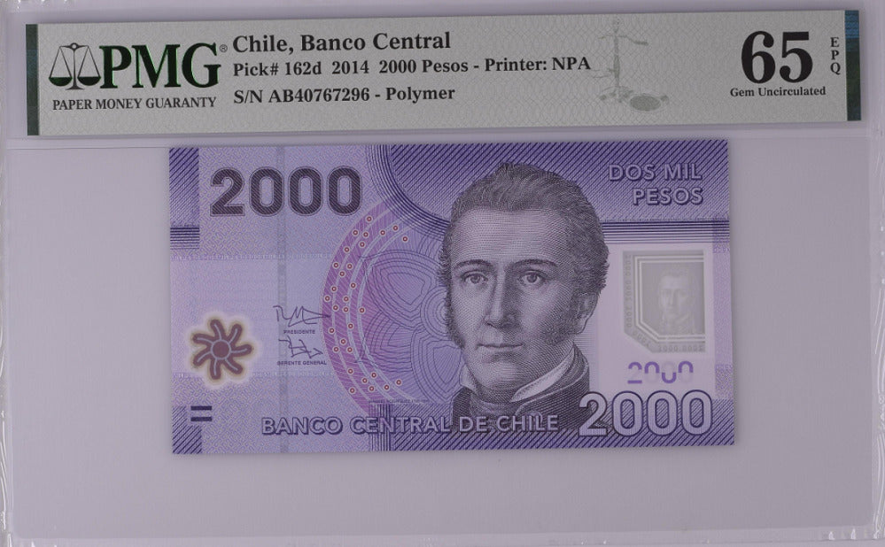 Chile 2000 Pesos 2014 P 162 d Polymer Gem UNC PMG 65 EPQ Top Pop