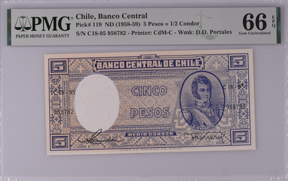 Chile 5 Pesos = 1/2 Condor ND 1958-59 P 119 Gem UNC PMG 66 EPQ NLB