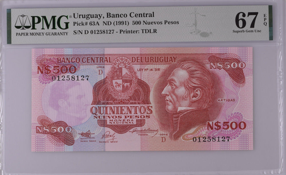 Uruguay 500 Nuevos Pesos ND 1991 P 63A Superb Gem UNC PMG 67 EPQ Top Pop