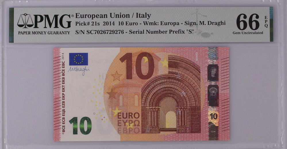 Euro 10 Euro Italy 2014 P 21 s Prefix S Gem UNC PMG 66 EPQ