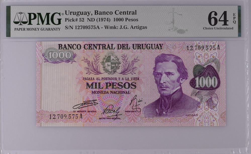 Uruguay 1000 Pesos ND 1974 P 52 Choice UNC PMG 64 EPQ