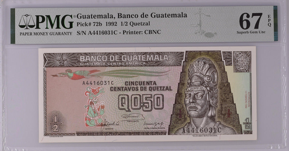 Guatemala 1/2 Quetzal 1992 P 72 b Superb Gem UNC PMG 67 EPQ