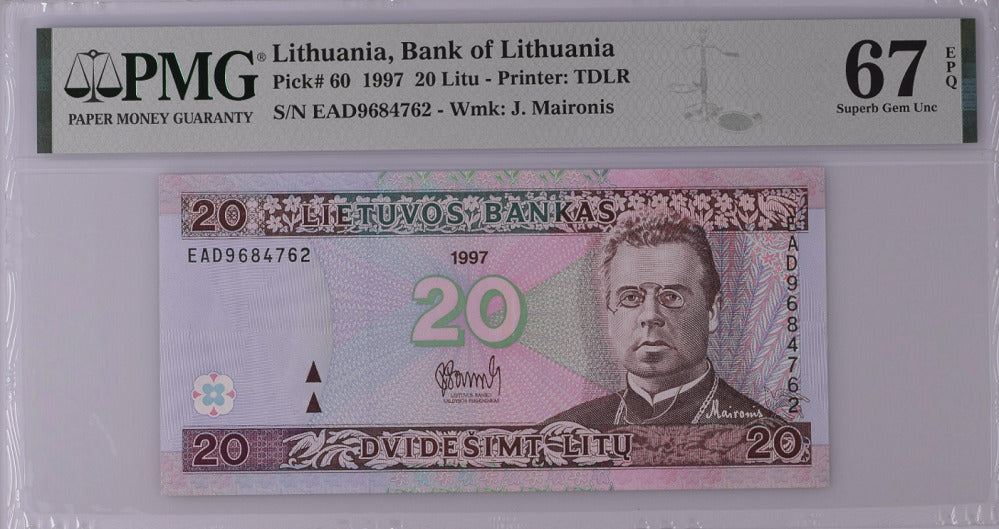 Lithuania 20 Litu 1997 P 60 Superb Gem UNC PMG 67 EPQ