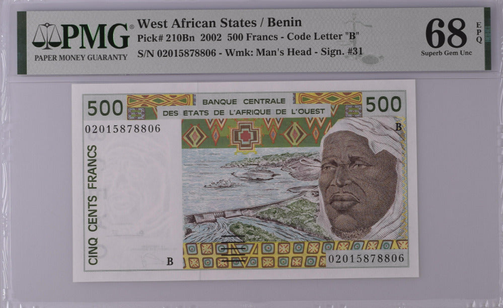 West African State Benin 500 Francs 2002 P 210Bn Superb GEM UNC PMG 68 EPQ Top N