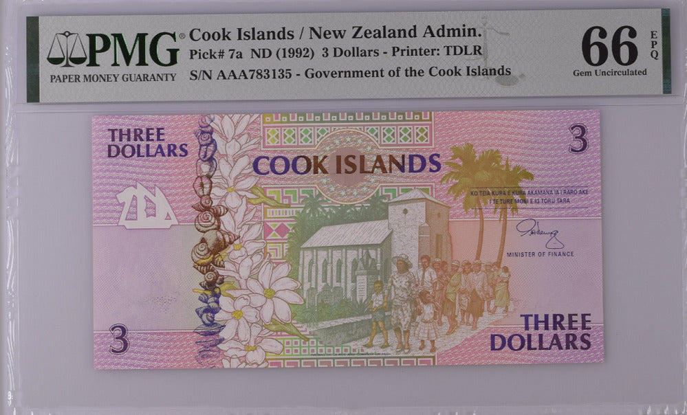 Cook Islands 3 Dollars ND 1992 P 7 a Prefix AAA Gem UNC PMG 66 EPQ
