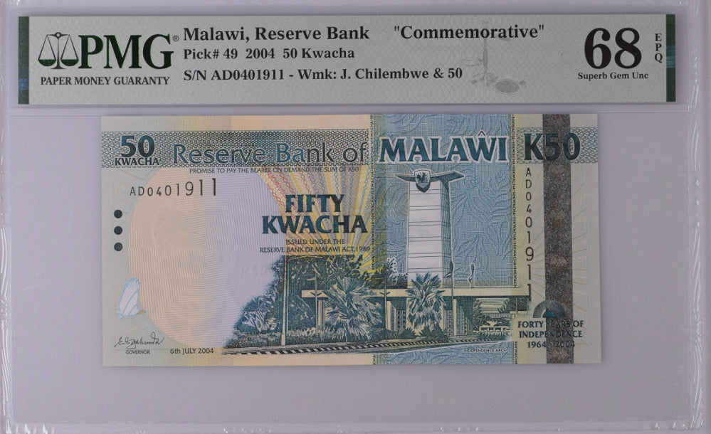 Malawi 50 Kwacha 2004 P 49 Comm. Superb GEM UNC PMG 68 EPQ