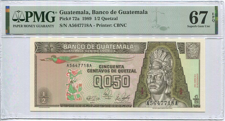 Guatemala 1/2 Quetzal 1989 P 72 a Superb Gem UNC PMG 67 EPQ Top Pop