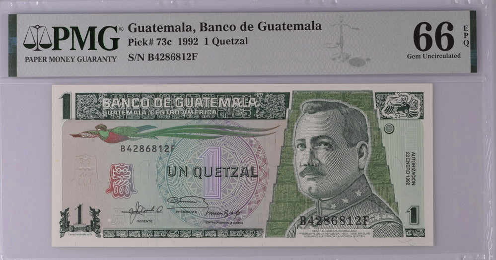 Guatemala 1 Quetzal 1992 P 73 c Gem UNC PMG 66 EPQ