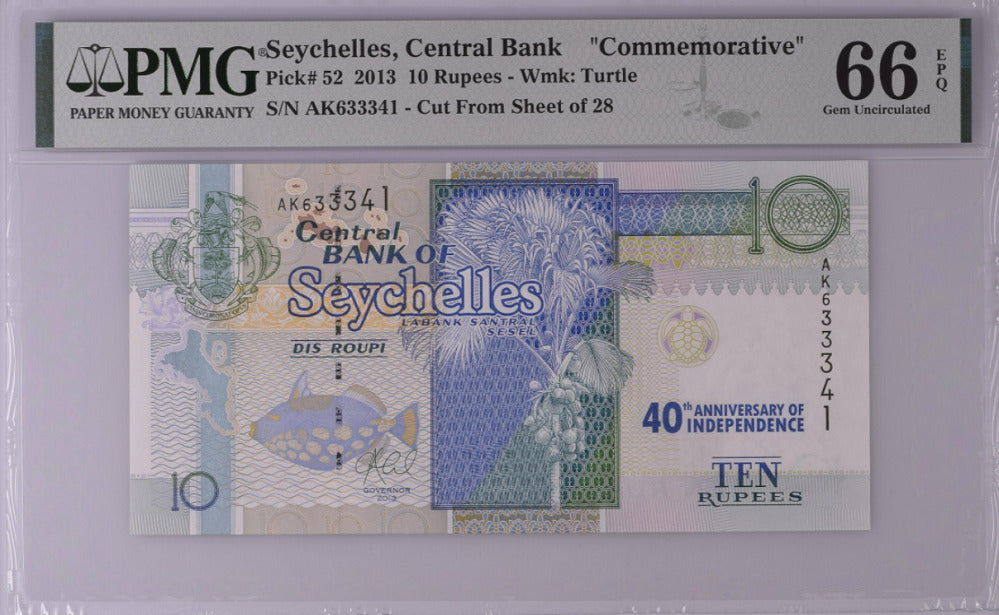 Seychelles 10 Rupees 2013 COMM. 40th P 52 Gem UNC PMG 66 EPQ