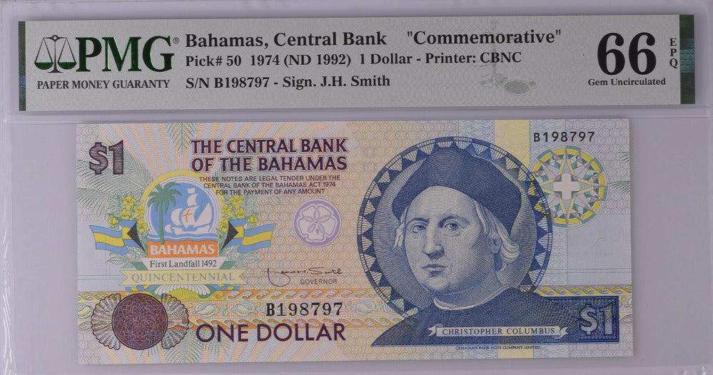 Bahamas 1 Dollar 1974 ND 1992 P 50 Gem UNC PMG 66 EPQ