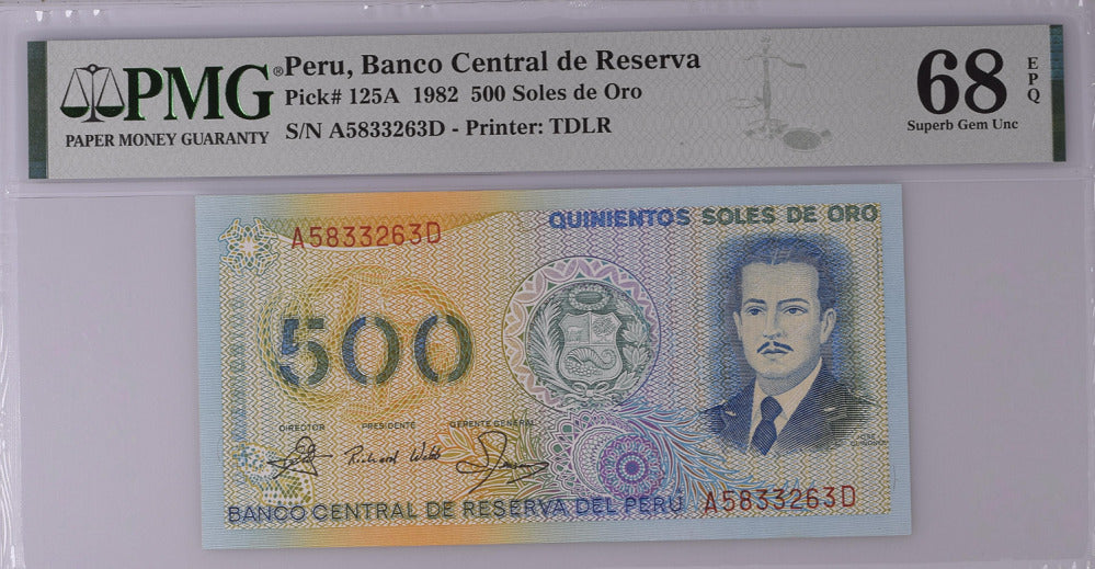 Peru 500 Soles de Oro 1982 P 125A Superb Gem UNC PMG 68 EPQ Top Pop