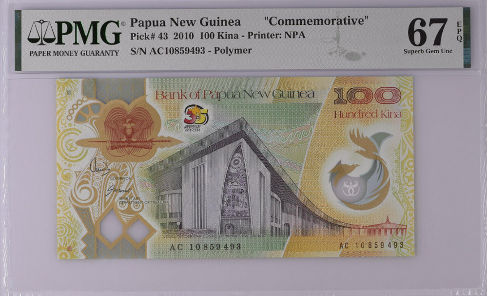 Papua New Guinea 100 Kina 2010 P 43 Polymer Superb Gem UNC PMG 67 EPQ