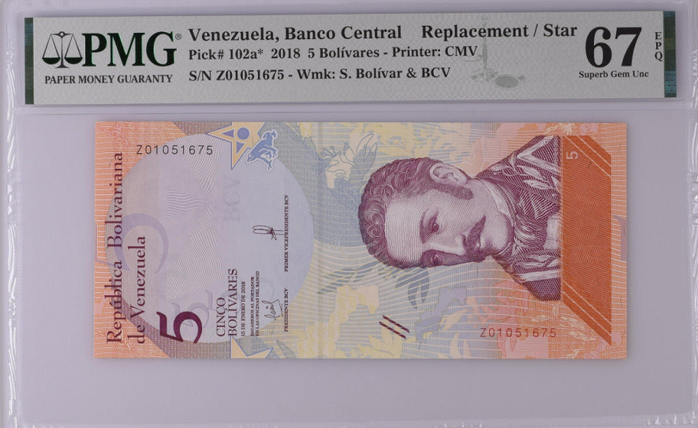 Venezuela 5 Bolivares 2018 P 102 a* Replacement Superb GEM UNC PMG 67 EPQ