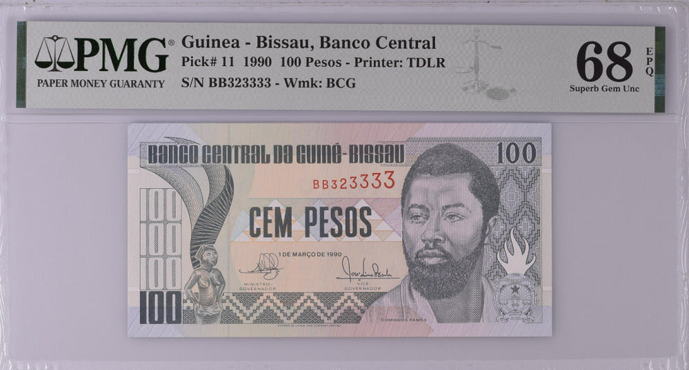 Guinea Bissau 100 Pesos 1990 P 11 Serial #323333 Superb Gem UNC PMG 68 EPQ