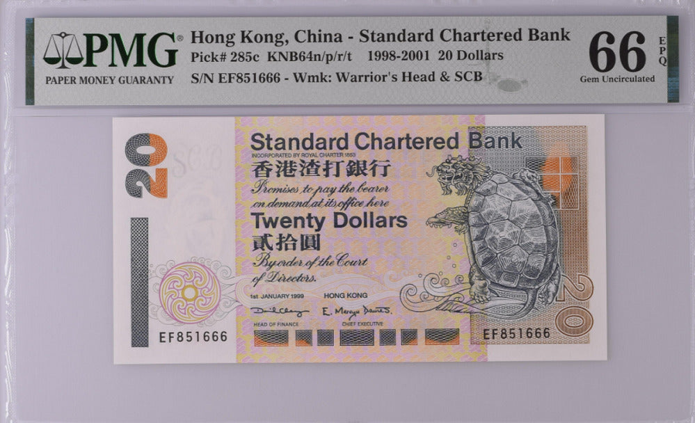 Hong Kong 20 Dollars 1999 P 285 c Gem UNC PMG 66 EPQ